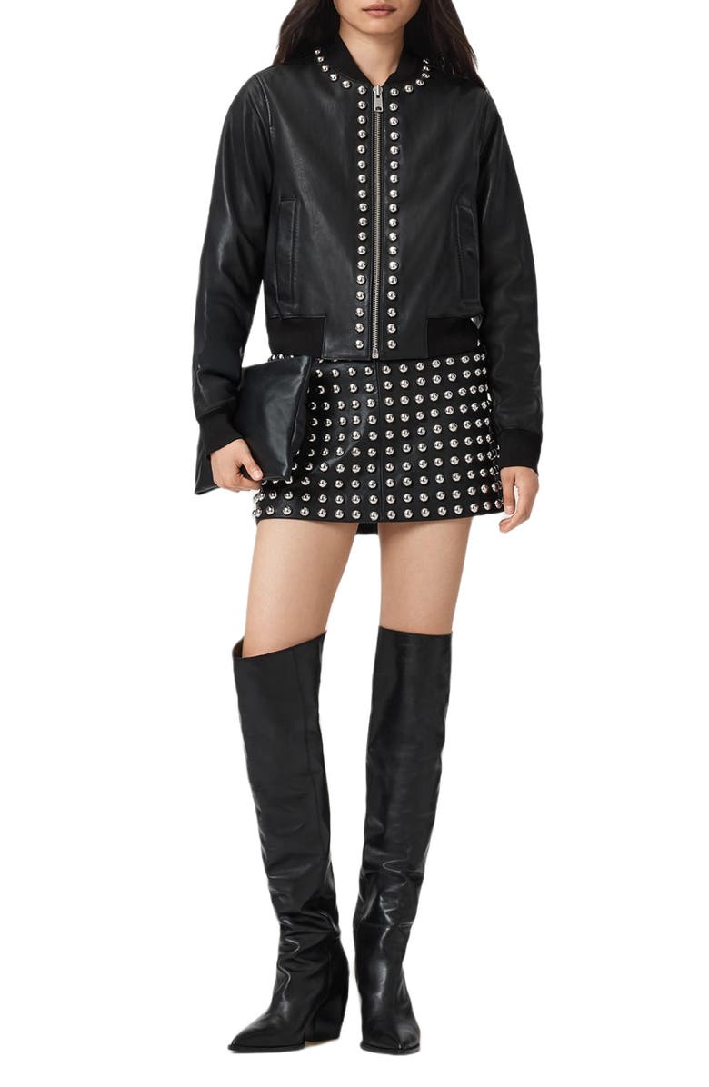 AllSaints Wilder Stud Embellished Leather Miniskirt, Alternate, color, Black
