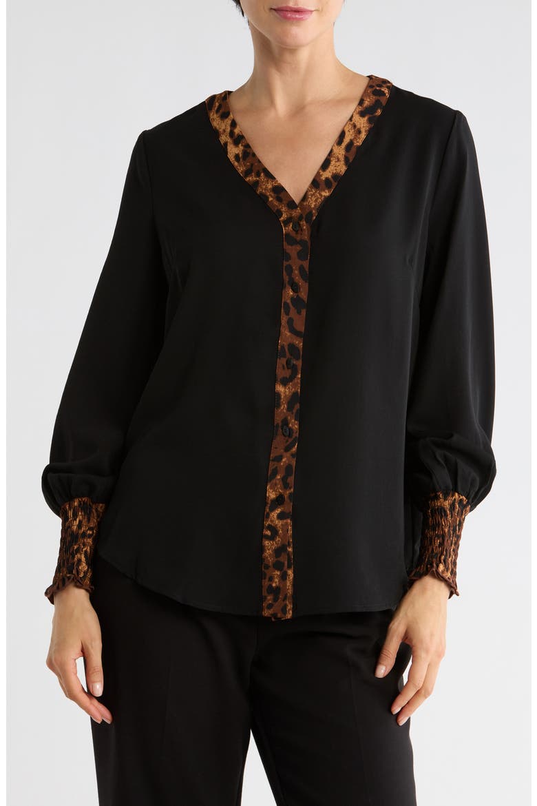 Print Trim Button-Up Top, Main, color, BLACK