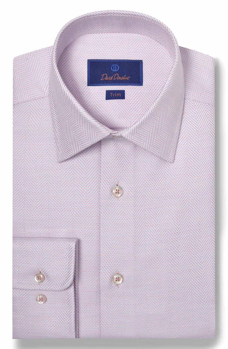 David Donahue Trim Fit Tic Herringbone Dress Shirt, Main, color, White/ Berry