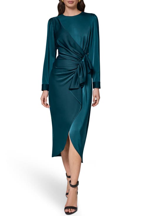 Long Sleeve Satin Faux Wrap Dress