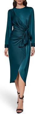 Donna Karan New York Long Sleeve Satin Faux Wrap Dress