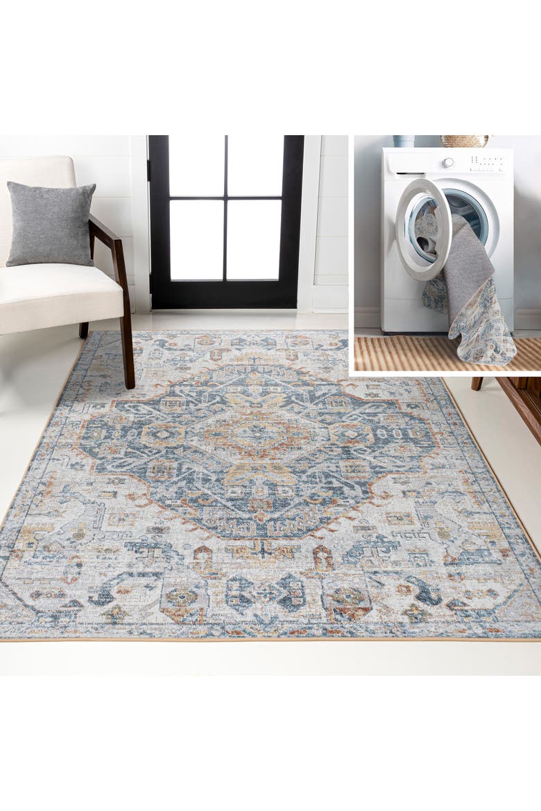Shaemus Bohemian Medallion Low-Pile Machine-Washable Area Rug, Main, color, Cream/Blue/Terra