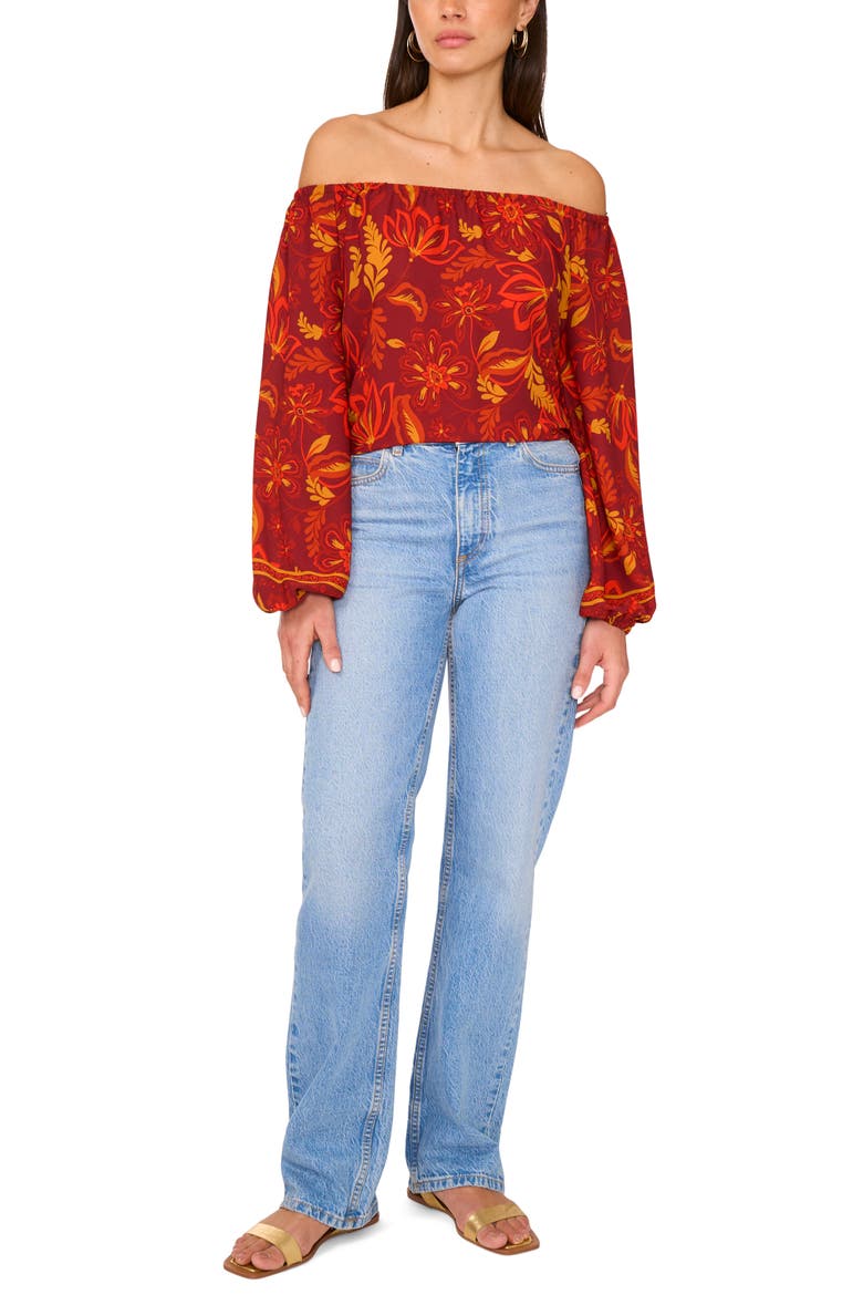 Floral Off the Shoulder Crepe Top, Alternate, color, CHILI