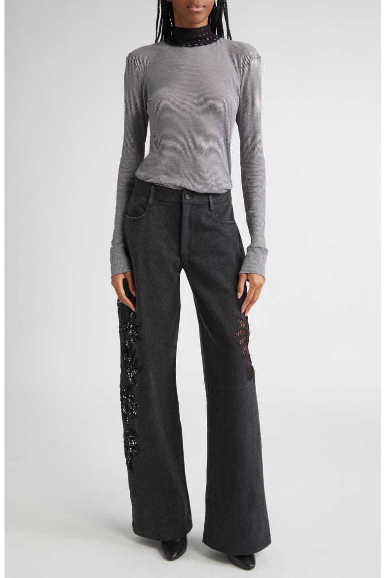 Stulla Lace Panel Wide Leg Jeans, Alternate, color, BLACK