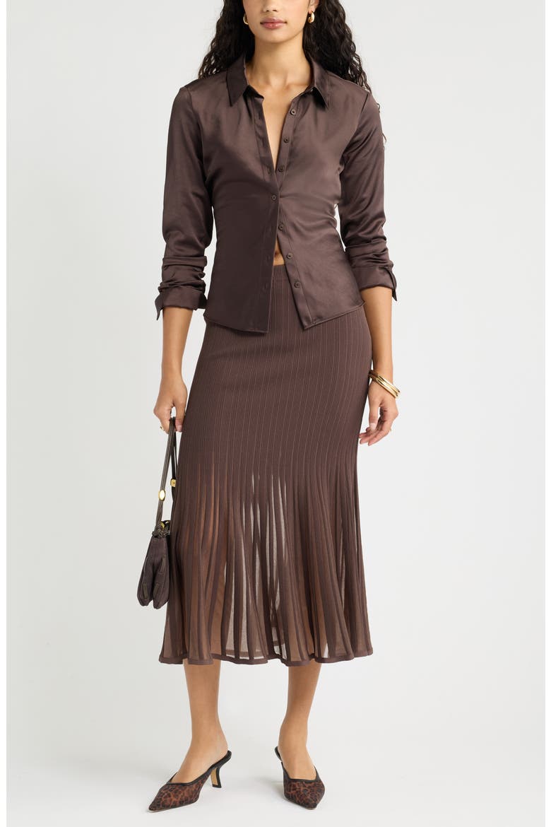 Fitted Satin Button-Up Shirt, Alternate, color, BROWN SEAL