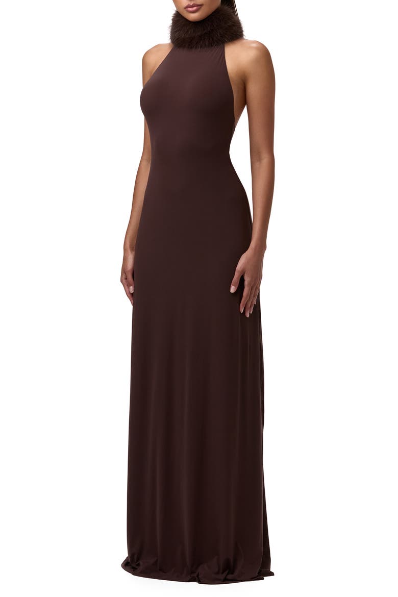 Halter Dress with Removable Faux Fur Collar, Alternate, color, DARK CHOCOLATE