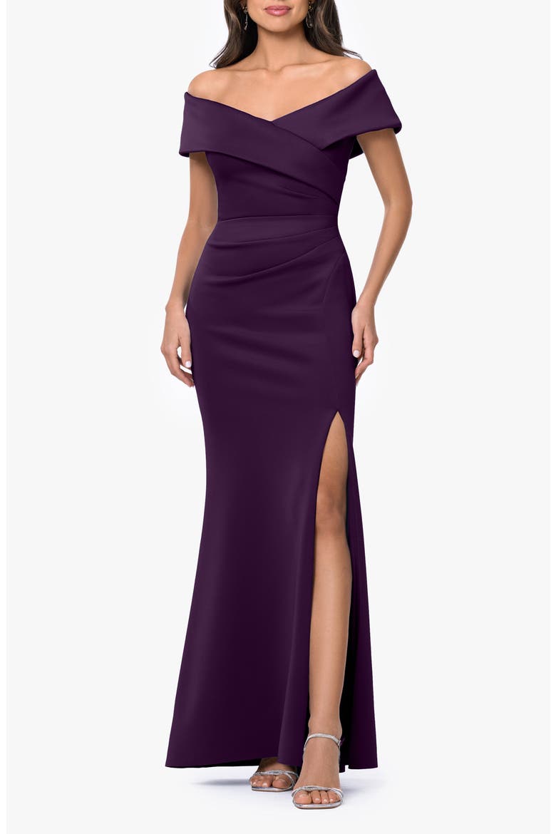 Long Ruched Scuba Gown, Main, color, PLUM