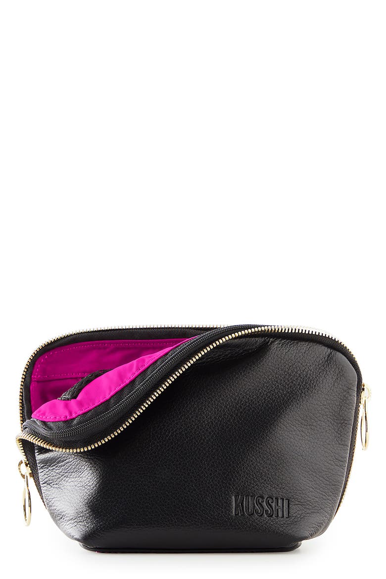 Everyday Leather Makeup Bag, Main, color, BLACK/ PINK LEATHER