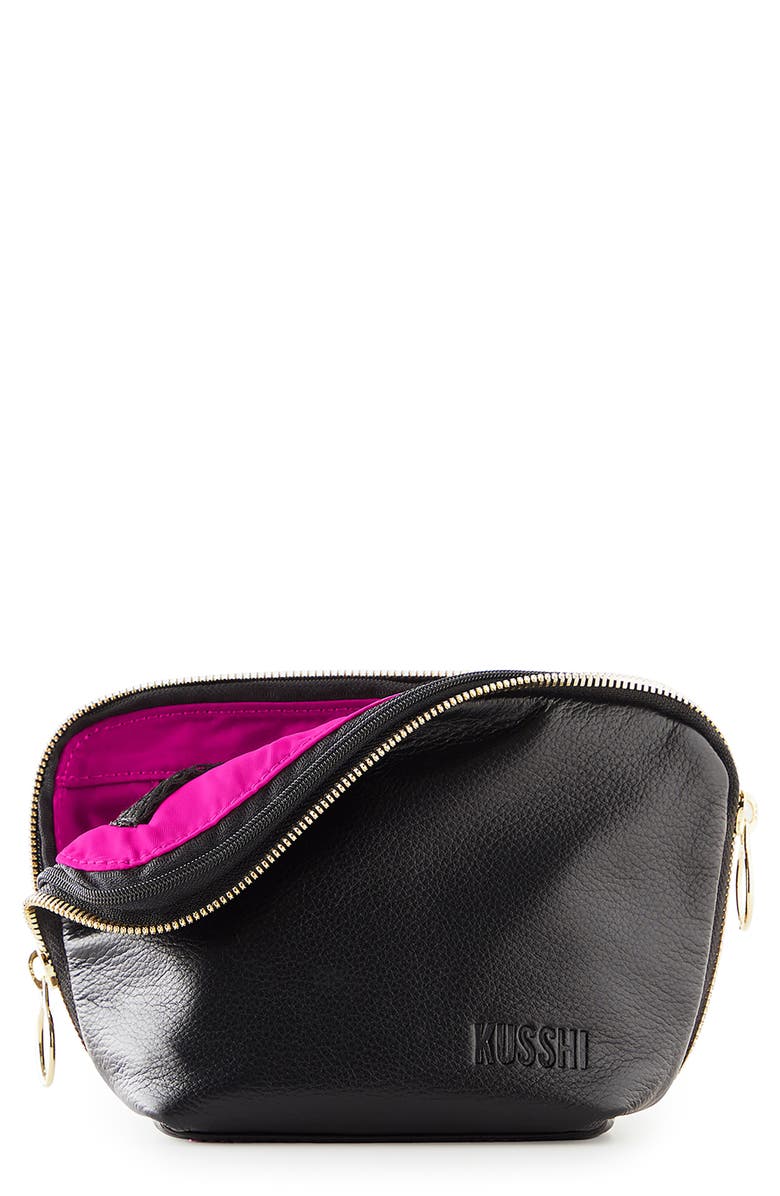 KUSSHI Everyday Leather Makeup Bag, Main, color, Black/ Pink Leather