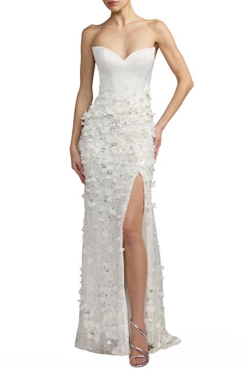 Floral Satin Strapless Sweetheart Gown With Slit