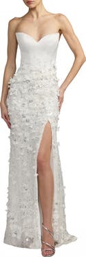 Mac Duggal Floral Satin Strapless Sweetheart Gown With Slit