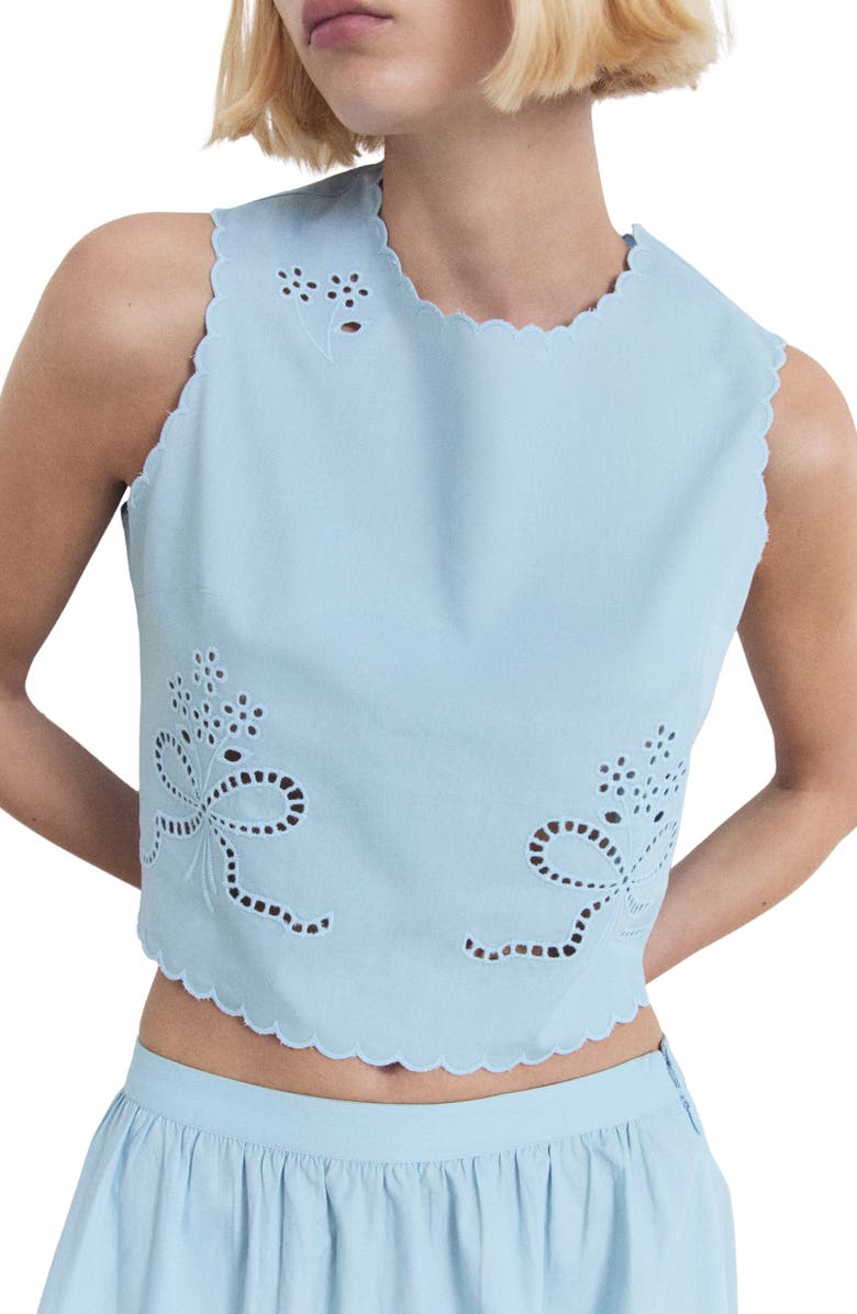 MANGO Eyelet Embroidered Cotton Crop Top, Main, color, Sky Blue