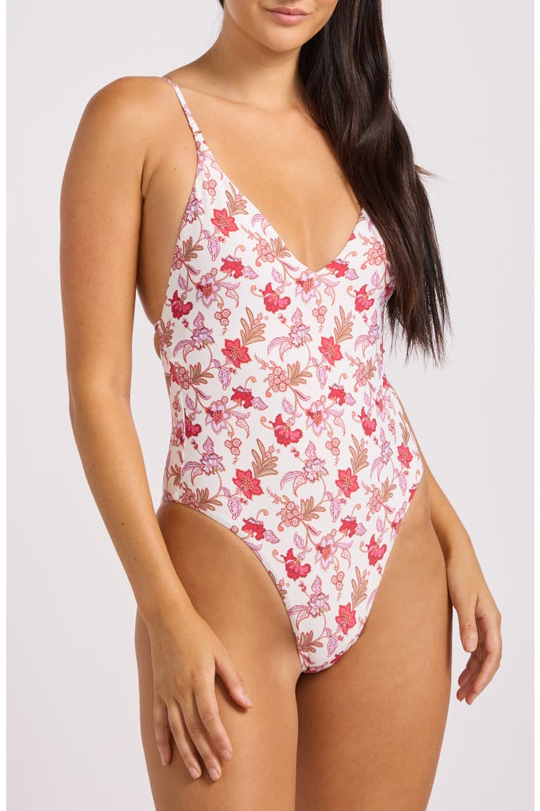 Floral V-Neck One-Piece Swimsuit, Main, color, ECRU