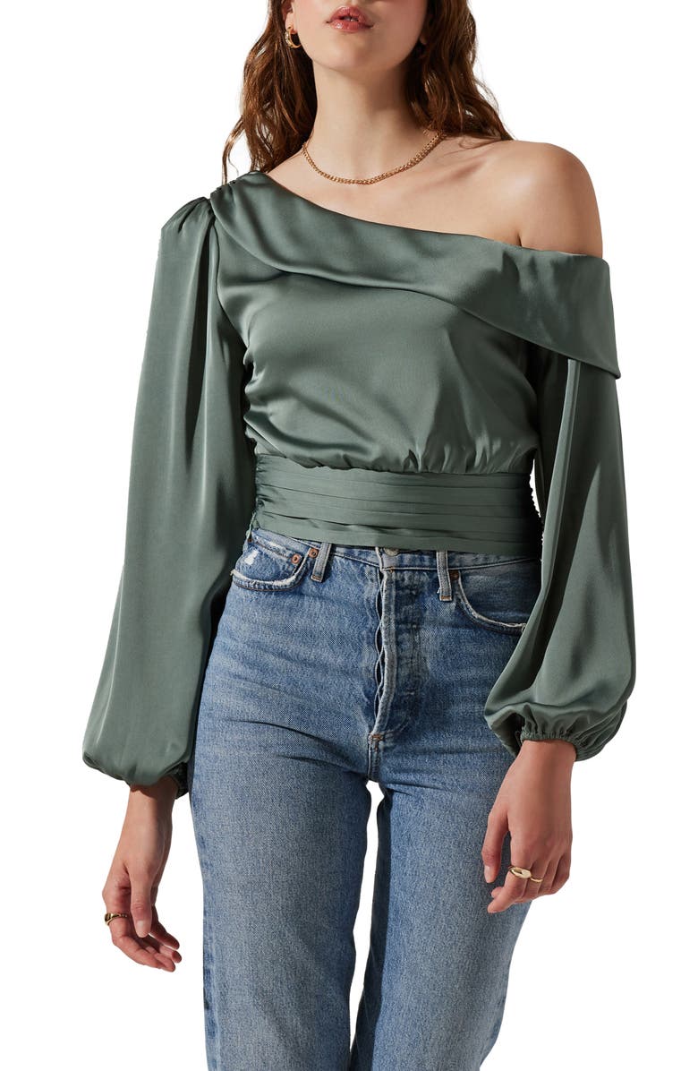ASTR the Label Off the Shoulder Satin Blouse, Main, color, Sage