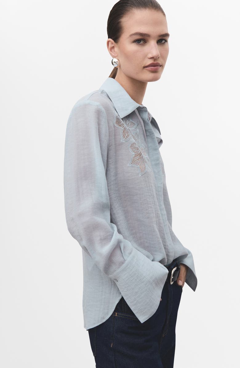 MANGO Embroidered Semi Sheer Blouse, Alternate, color, Blue