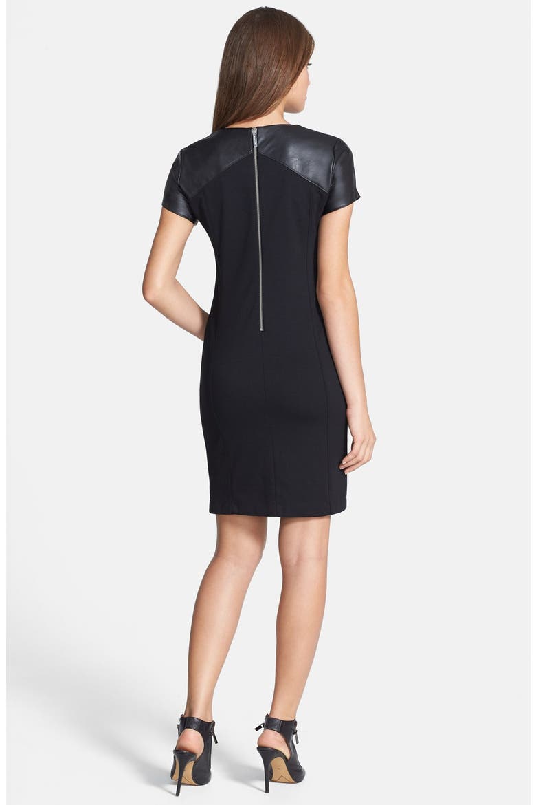 Faux Leather Trim Ponte Sheath Dress, Alternate, color, BLACK