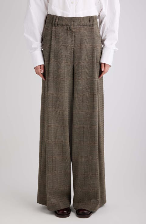 Podium Plaid Wool Crepe Wide Leg Pants