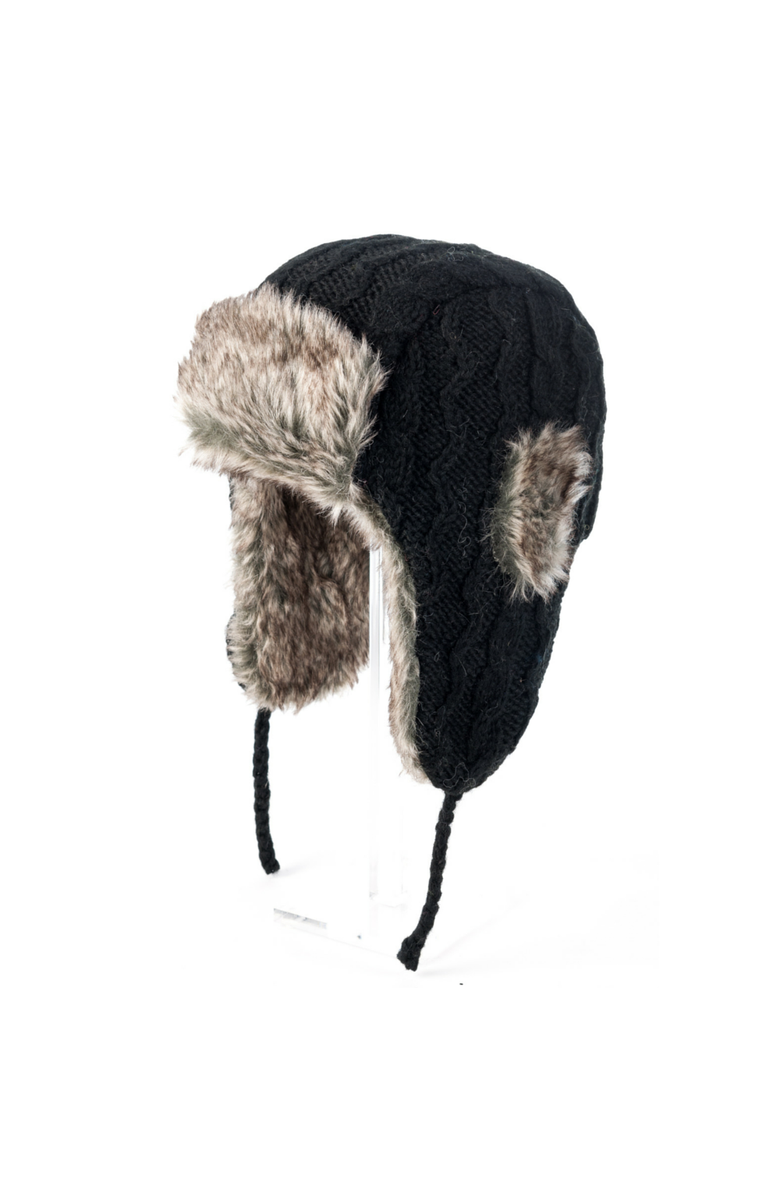 Nirvanna Designs Cable Knit Russian Hat w/ Faux Fur, Main, color, Black