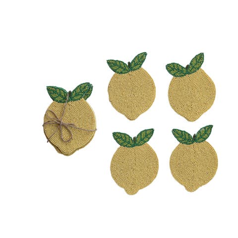 4-Piece Handmade Beaded Lemon Coasters with Jute Tie, Yellow and Green