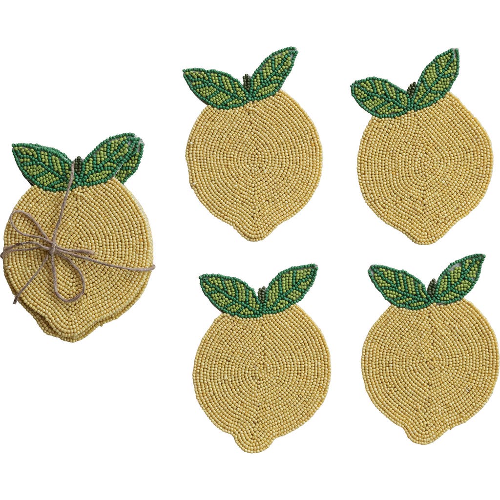 Storied Home 4-piece Handmade Beaded Lemon Coasters With Jute Tie, Yellow And Green