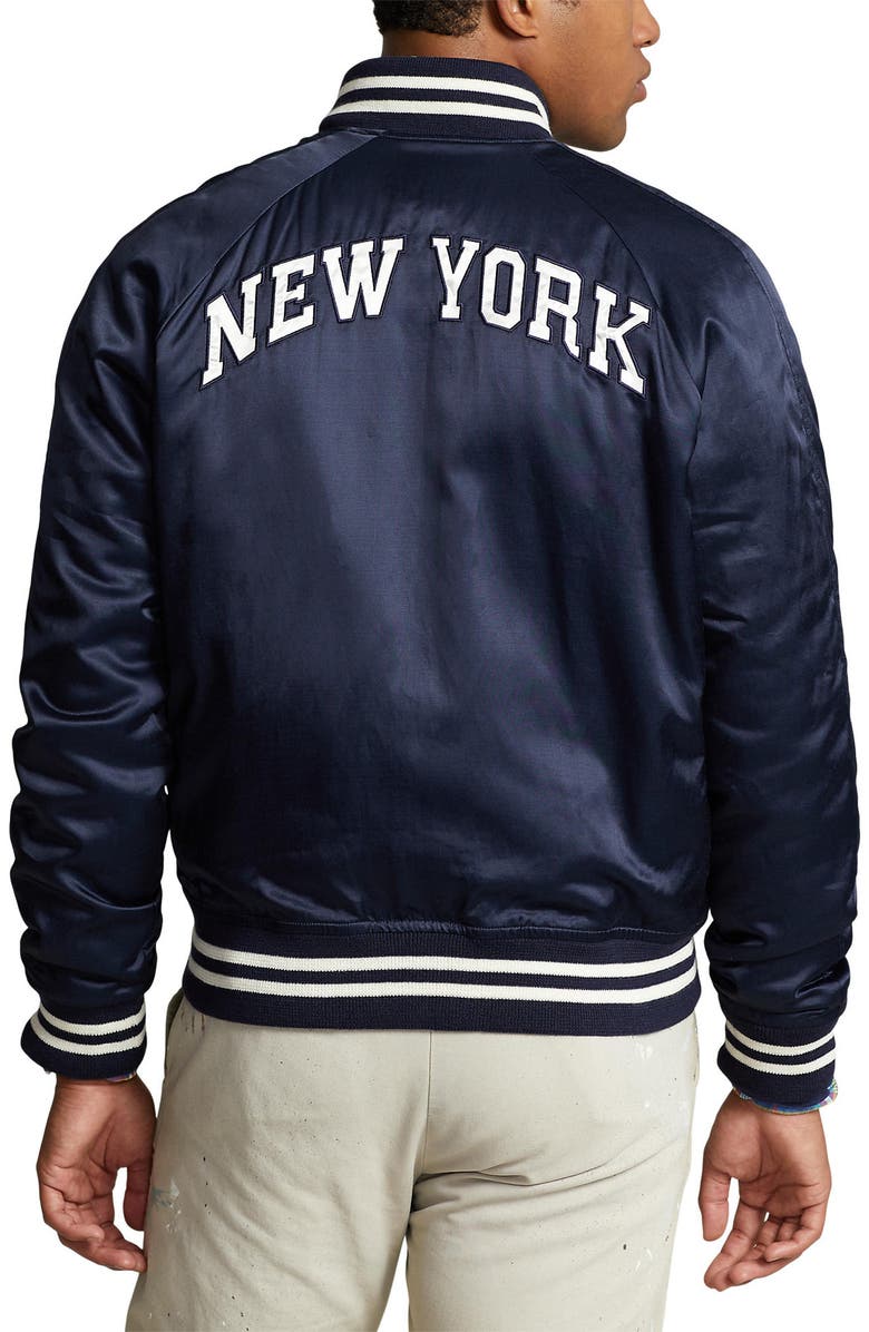 Polo Ralph Lauren Satin Varsity Bomber Jacket, Alternate, color, Aviator Navy