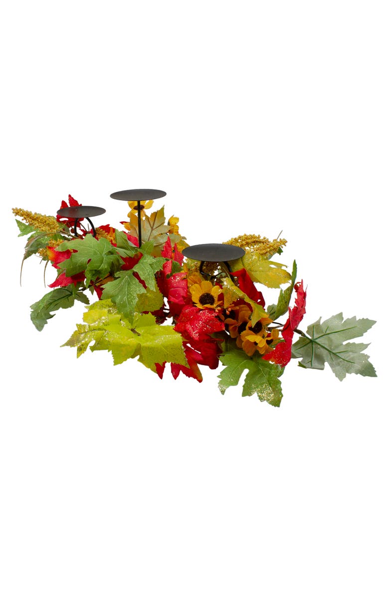 Northlight Glittered Sunflowers and Maple Leaves Fall Harvest Triple Pillar Candleholder - 28", Main, color, Yellow