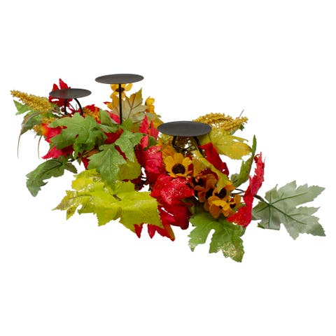 Glittered Sunflowers and Maple Leaves Fall Harvest Triple Pillar Candleholder - 28"