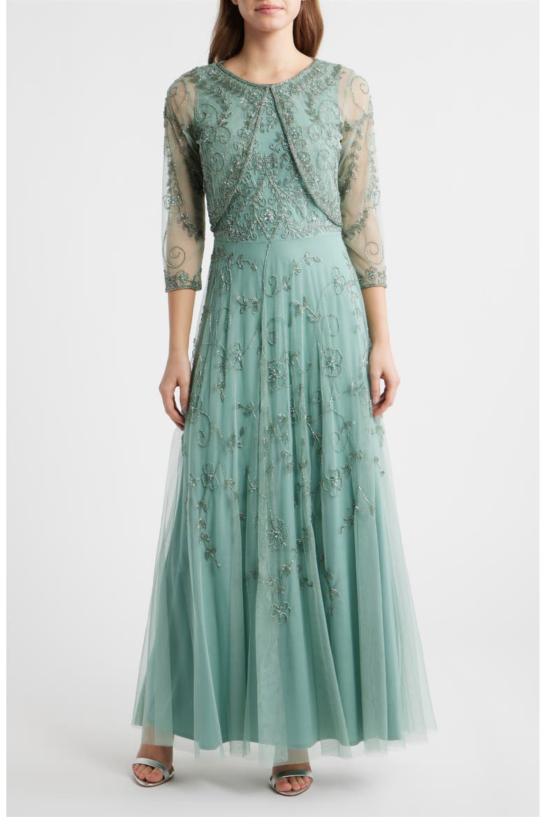 Beaded Mesh Gown with Jacket, Main, color, MINT