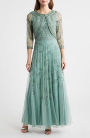 Pisarro Nights Beaded Mesh Gown with Jacket