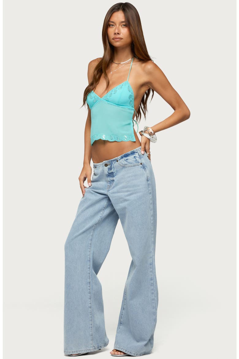 Allise Sequin Open Back Crop Halter Top, Alternate, color, TURQUOISE