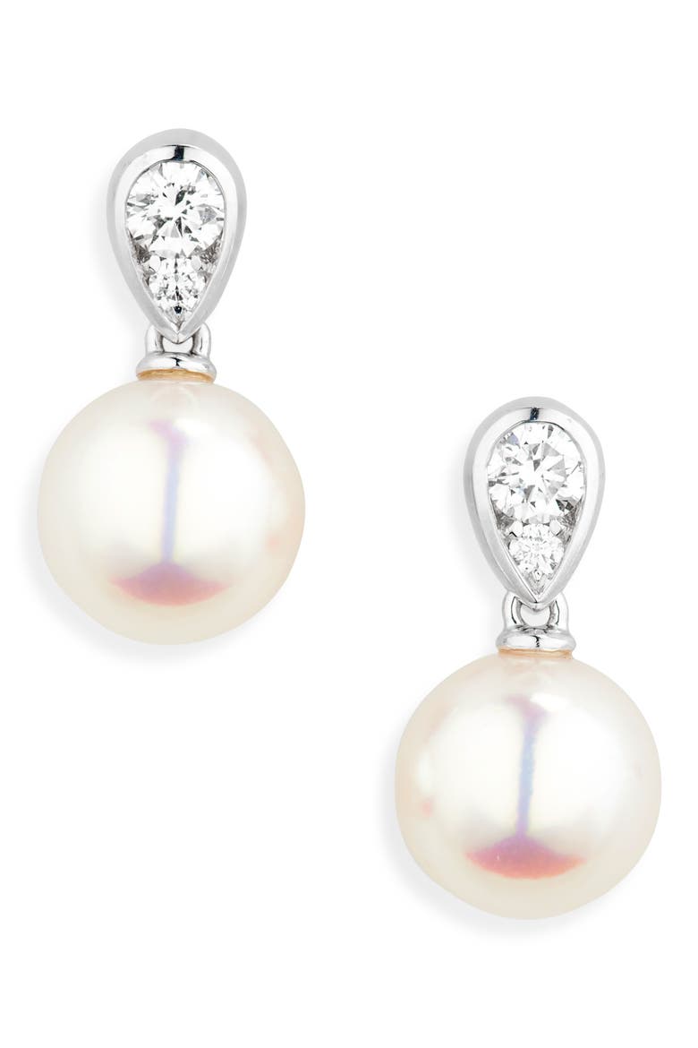 Morning Dew Akoya Pearl & Diamond Stud Earrings, Main, color, 18KW