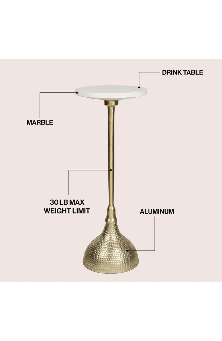JONATHAN Y Ava 23.75" Art Deco Contemporary Metal Pedestal Drink Table and Decorative End Table with White Marble Round Top and Hammered Base, Alternate, color, Gold
