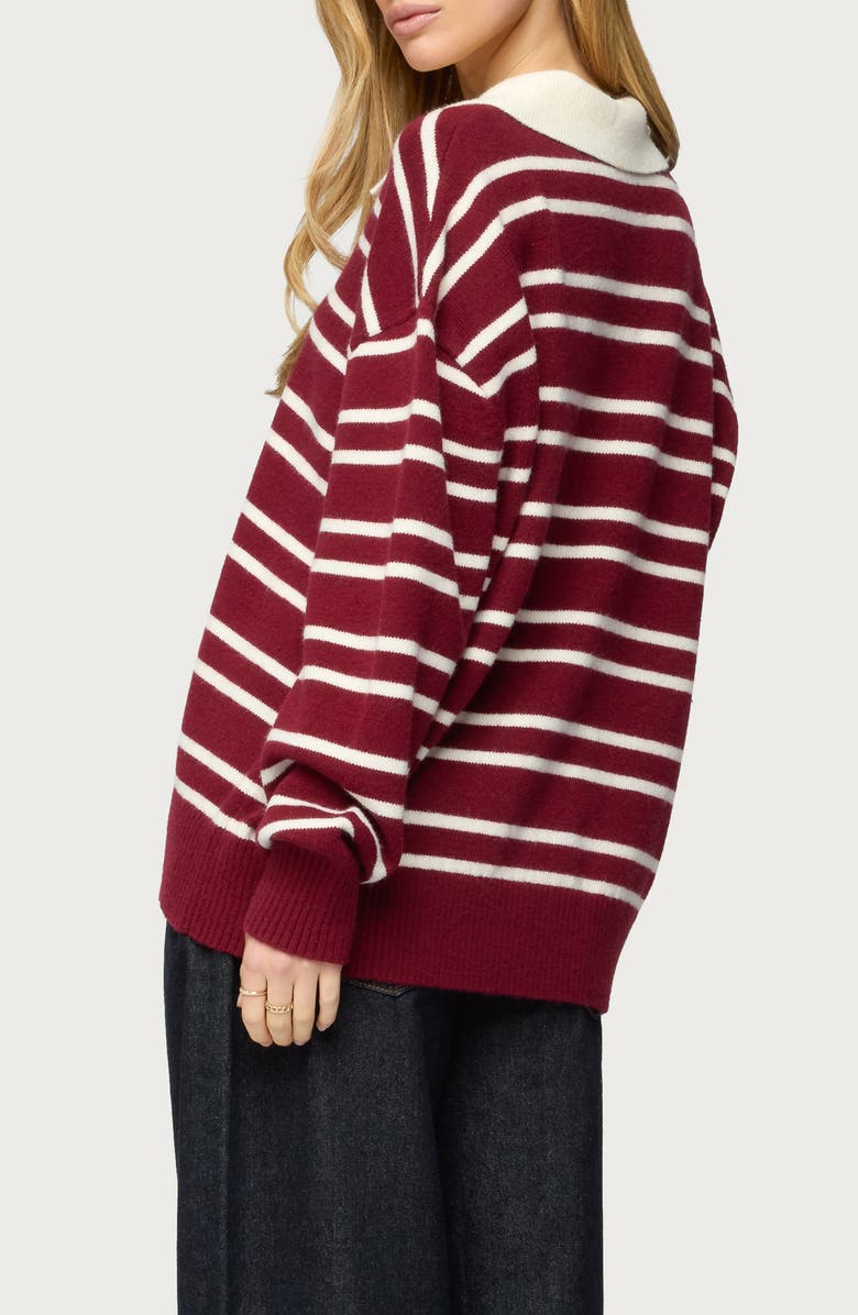 EDIKTED Rilynn Stripe Sweater Polo, Alternate, color, Burgundy-And-White