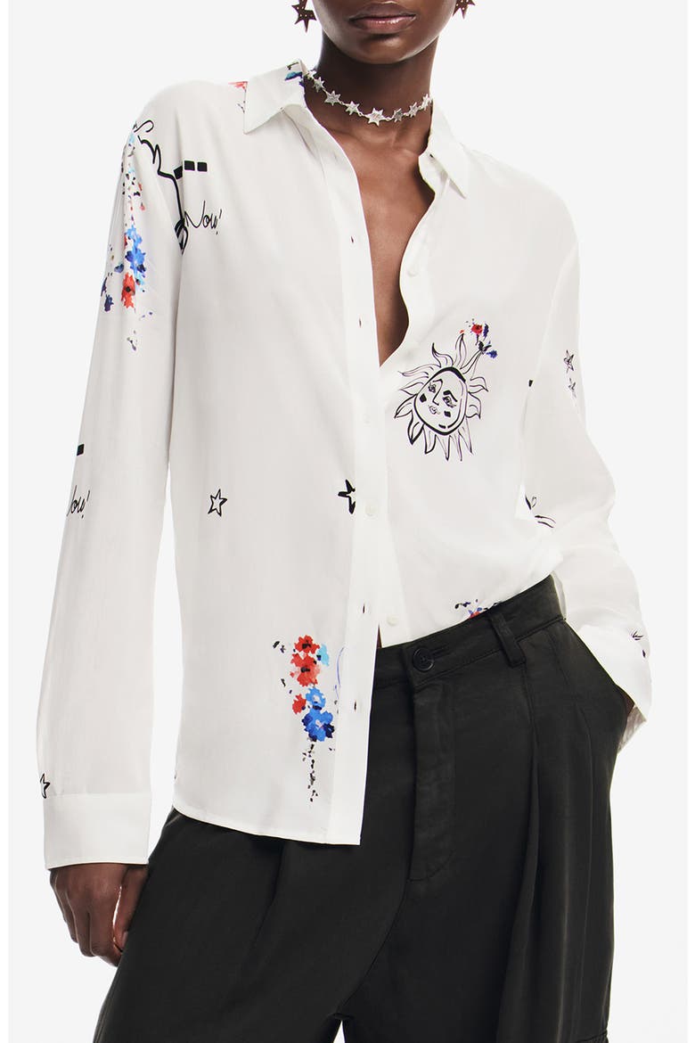 Tokio Sketch Print Button-Up Shirt, Main, color, WHITE