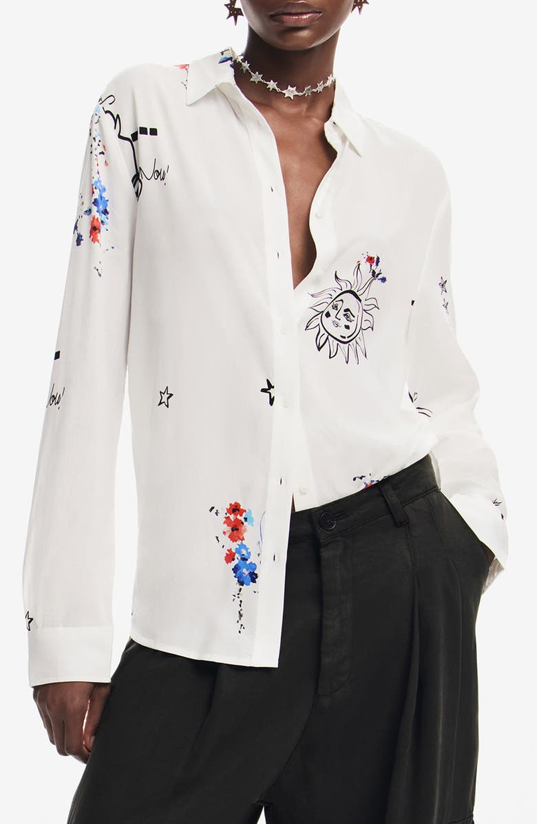 Desigual Tokio Sketch Print Button-Up Shirt, Main, color, 
