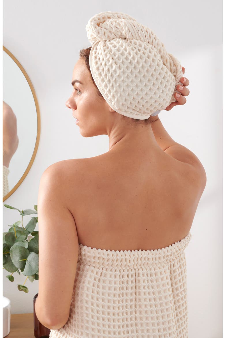 Pure Yarn Dyed Cotton Waffle Body Wrap & Hair Wrap Set, Alternate, color, NATURAL