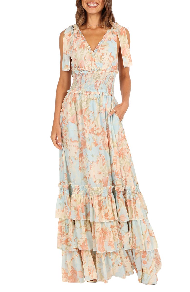 Petal & Pup Christabel Floral Print Sleeveless Tiered Maxi Dress, Main, color, Blue Floral