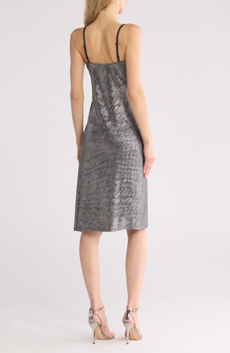 bebe Metallic Pleated Midi Slipdress, Alternate, color, Black/ Silver