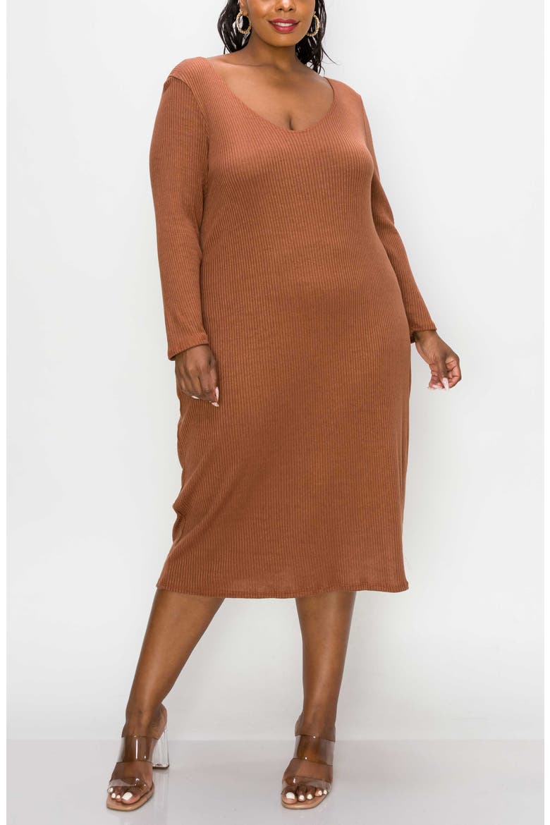 Scoop Neck Long Sleeves Rib Sweater Midi Dress, Alternate, color, CHESTNUT