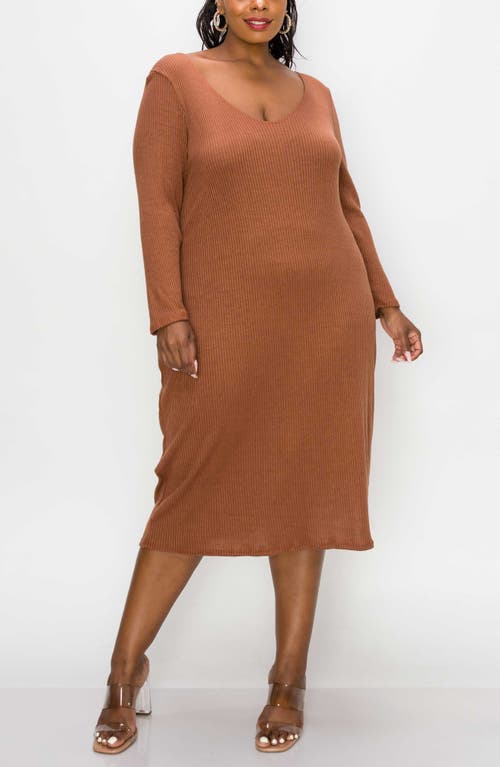 L I V D Scoop Neck Long Sleeves Rib Sweater Midi Dress In Chestnut