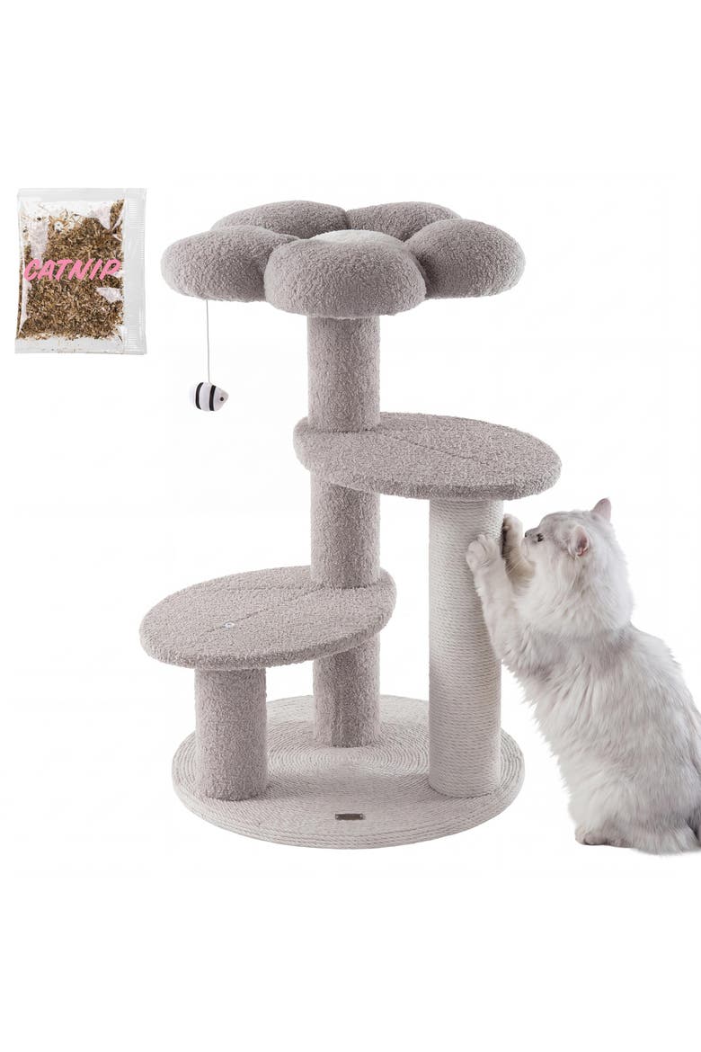 Poppy 3-Tier Modern Jute Flower Cat Tree with Dangling Toy, Main, color, Grey/White