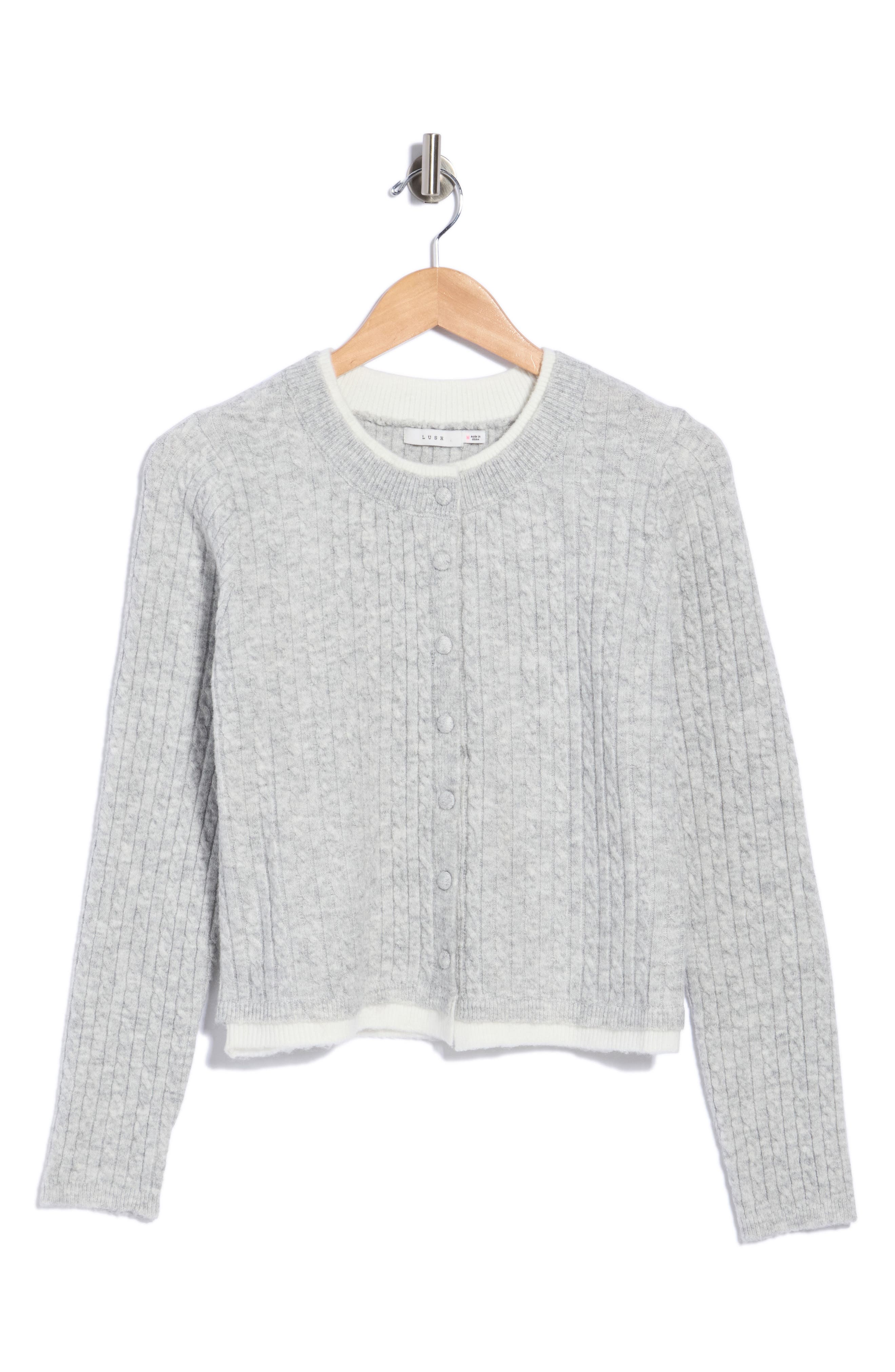 Lush Cable Knit Cardigan In Light Heather Grey