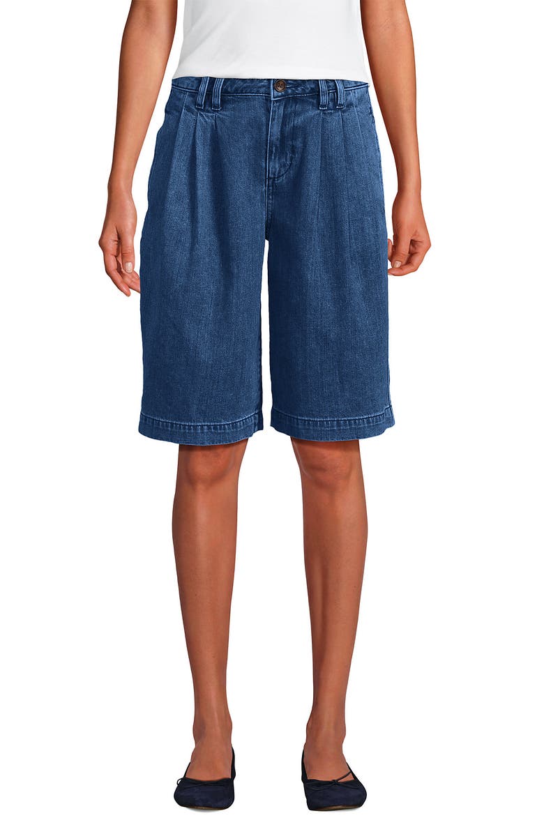Lands' End Lightweight Denim Mid Rise Pleated 12" Slouchy Shorts, Alternate, color, 