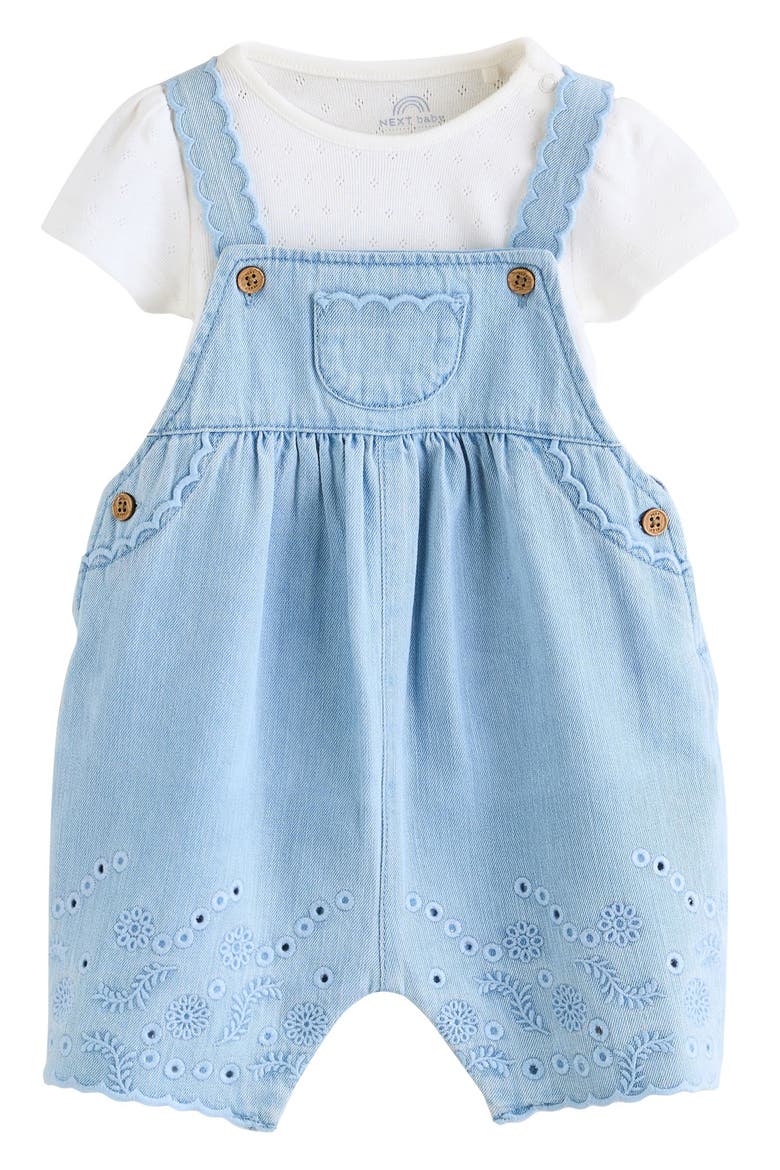 Pointelle T-Shirt & Eyelet Denim Overalls Set, Main, color, BLUE