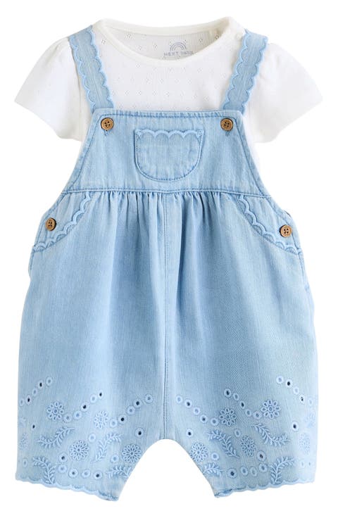 Pointelle T-Shirt & Eyelet Denim Overalls Set (Baby)