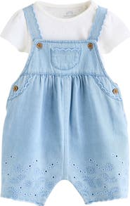 NEXT Pointelle T-Shirt & Eyelet Denim Overalls Set
