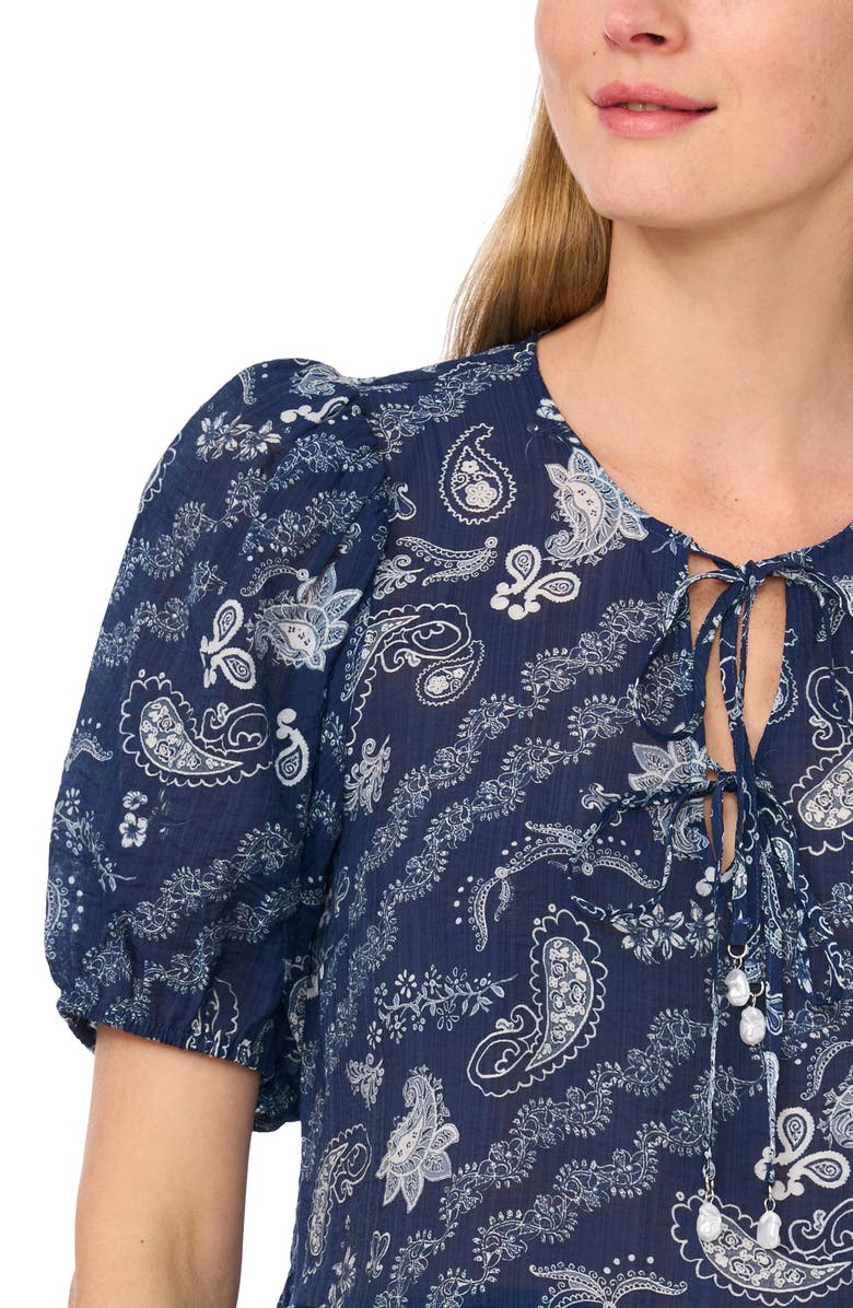 CeCe Paisley Puff Sleeve Peplum Top, Alternate, color, Blueprint