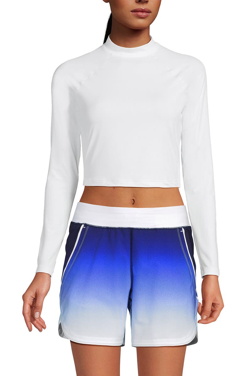 Lands' End Long Sleeve Mock Neck Cropped UPF 50 Sun Protection Rash Guard, Alternate, color, White