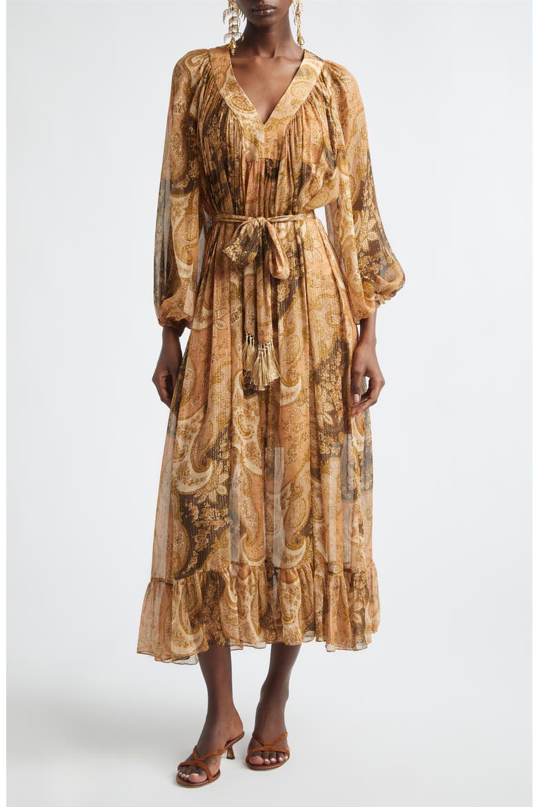 Kindred Spirit Carousel Long Sleeve Batwing Silk Blend Midi Dress, Main, color, BISCUIT PAISLEY