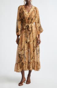 Zimmermann Kindred Spirit Carousel Long Sleeve Batwing Silk Blend Midi Dress